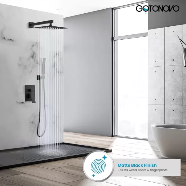 imagegotonovo Rainfall Shower System with Shower Head and Handle Set Bathroom Shower Faucet Set with Handheld Spray High Pressure Roughin Valve Included 8 Inch Round Shower Head Matte BlackMatte Black