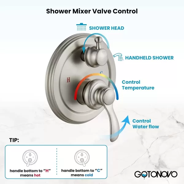 imagegotonovo Rainfall Shower System with Shower Head and Handle Set Bathroom Shower Faucet Set with Handheld Spray High Pressure Roughin Valve Included 8 Inch Round Shower Head Matte BlackBrushed Nickel