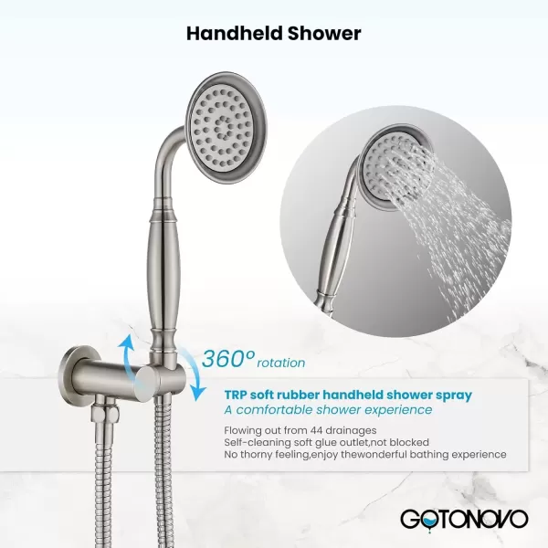 imagegotonovo Rainfall Shower System with Shower Head and Handle Set Bathroom Shower Faucet Set with Handheld Spray High Pressure Roughin Valve Included 8 Inch Round Shower Head Matte BlackBrushed Nickel