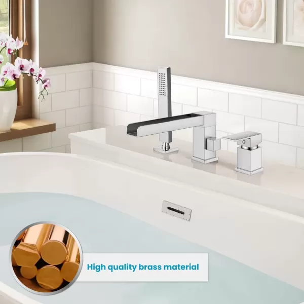 imagegotonovo Roman Tub Faucet with Handheld Shower 3 Hole Deck Mount Bathtub Faucet Set Widespread Single Handle Tub Filler Honeycomb Water Flow Matte BlackPolish Chrome