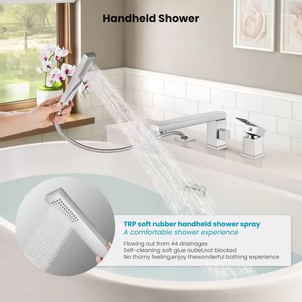 imagegotonovo Roman Tub Faucet with Handheld Shower 3 Hole Deck Mount Bathtub Faucet Set Widespread Single Handle Tub Filler Honeycomb Water Flow Matte BlackPolish Chrome