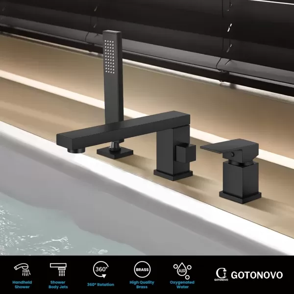 imagegotonovo Roman Tub Faucet with Handheld Shower 3 Hole Deck Mount Bathtub Faucet Set Widespread Single Handle Tub Filler Honeycomb Water Flow Matte BlackMatte Black