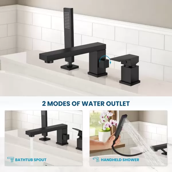 imagegotonovo Roman Tub Faucet with Handheld Shower 3 Hole Deck Mount Bathtub Faucet Set Widespread Single Handle Tub Filler Honeycomb Water Flow Matte BlackMatte Black
