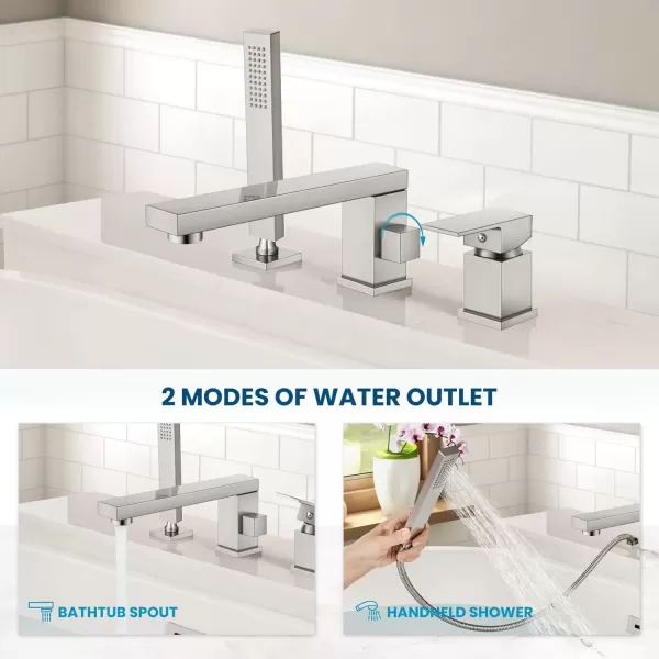 imagegotonovo Roman Tub Faucet with Handheld Shower 3 Hole Deck Mount Bathtub Faucet Set Widespread Single Handle Tub Filler Honeycomb Water Flow Matte BlackBrushed Nickel