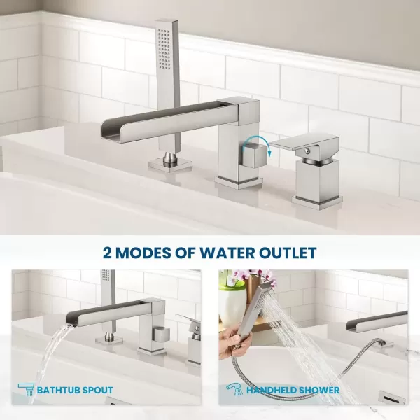 imagegotonovo Roman Tub Faucet with Handheld Shower 3 Hole Deck Mount Bathtub Faucet Set Widespread Single Handle Tub Filler Honeycomb Water Flow Matte BlackBrushed Nickel