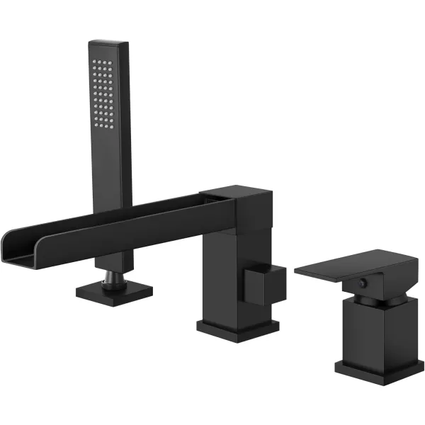 imagegotonovo Roman Tub Faucet with Handheld Shower 3 Hole Deck Mount Bathtub Faucet Set Widespread Single Handle Tub Filler Honeycomb Water Flow Matte BlackMatte Black