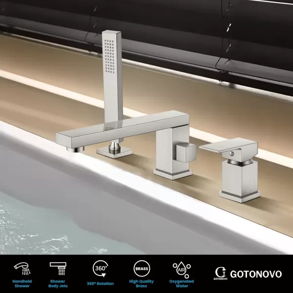 imagegotonovo Roman Tub Faucet with Handheld Shower 3 Hole Deck Mount Bathtub Faucet Set Widespread Single Handle Tub Filler Honeycomb Water Flow Matte BlackBrushed Nickel