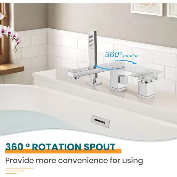 imagegotonovo Roman Tub Faucet with Handheld Shower 3 Hole Deck Mount Bathtub Faucet Set Widespread Single Handle Tub Filler Honeycomb Water Flow Matte BlackPolish Chrome