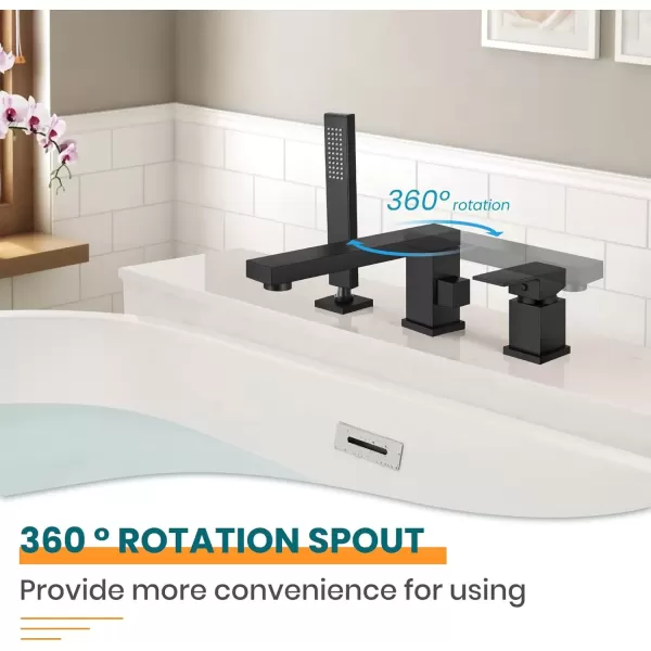 imagegotonovo Roman Tub Faucet with Handheld Shower 3 Hole Deck Mount Bathtub Faucet Set Widespread Single Handle Tub Filler Honeycomb Water Flow Matte BlackMatte Black