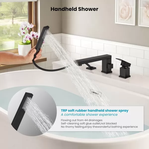 imagegotonovo Roman Tub Faucet with Handheld Shower 3 Hole Deck Mount Bathtub Faucet Set Widespread Single Handle Tub Filler Honeycomb Water Flow Matte BlackMatte Black