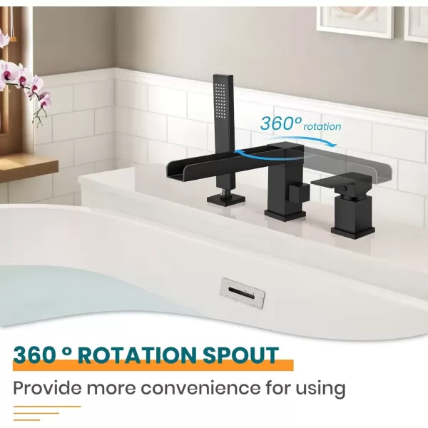 imagegotonovo Roman Tub Faucet with Handheld Shower 3 Hole Deck Mount Bathtub Faucet Set Widespread Single Handle Tub Filler Honeycomb Water Flow Matte BlackMatte Black