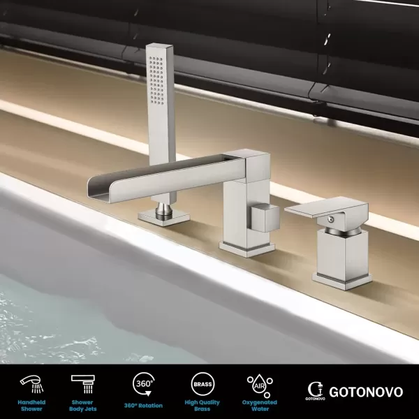 imagegotonovo Roman Tub Faucet with Handheld Shower 3 Hole Deck Mount Bathtub Faucet Set Widespread Single Handle Tub Filler Honeycomb Water Flow Matte BlackBrushed Nickel