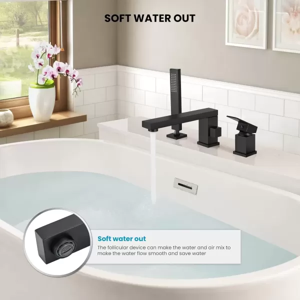imagegotonovo Roman Tub Faucet with Handheld Shower 3 Hole Deck Mount Bathtub Faucet Set Widespread Single Handle Tub Filler Honeycomb Water Flow Matte BlackMatte Black