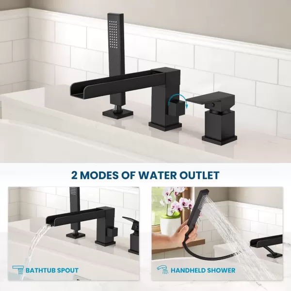 imagegotonovo Roman Tub Faucet with Handheld Shower 3 Hole Deck Mount Bathtub Faucet Set Widespread Single Handle Tub Filler Honeycomb Water Flow Matte BlackMatte Black