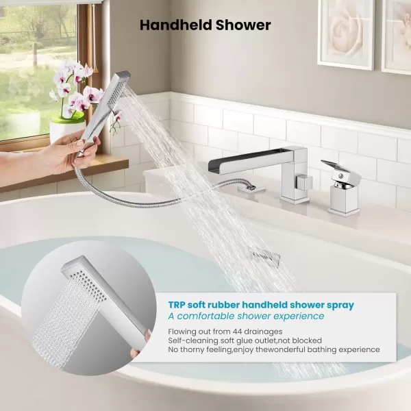 imagegotonovo Roman Tub Faucet with Handheld Shower 3 Hole Deck Mount Bathtub Faucet Set Widespread Single Handle Tub Filler Honeycomb Water Flow Matte BlackPolish Chrome