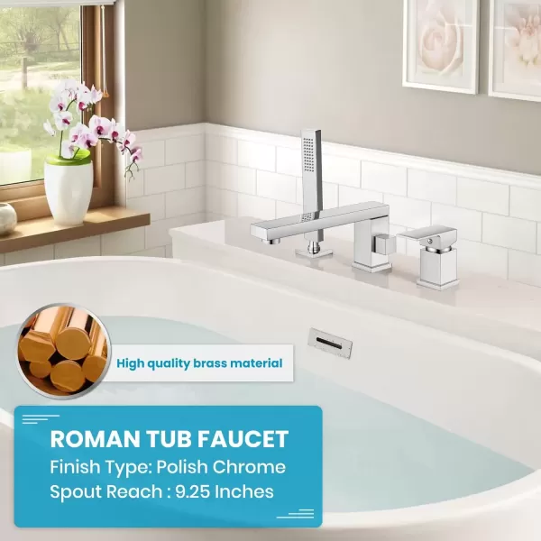 imagegotonovo Roman Tub Faucet with Handheld Shower 3 Hole Deck Mount Bathtub Faucet Set Widespread Single Handle Tub Filler Honeycomb Water Flow Matte BlackPolish Chrome