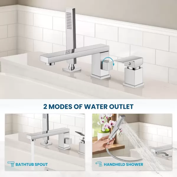 imagegotonovo Roman Tub Faucet with Handheld Shower 3 Hole Deck Mount Bathtub Faucet Set Widespread Single Handle Tub Filler Honeycomb Water Flow Matte BlackPolish Chrome