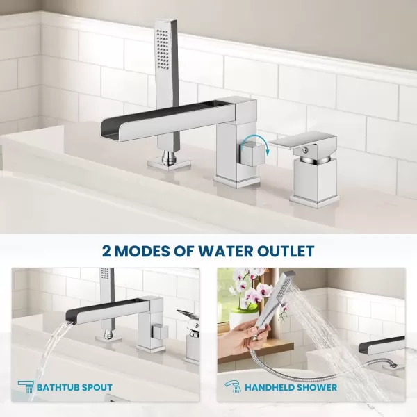 imagegotonovo Roman Tub Faucet with Handheld Shower 3 Hole Deck Mount Bathtub Faucet Set Widespread Single Handle Tub Filler Honeycomb Water Flow Matte BlackPolish Chrome