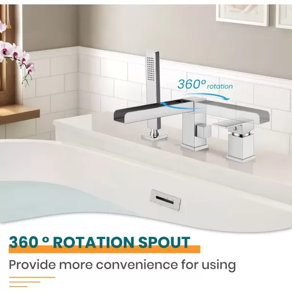 imagegotonovo Roman Tub Faucet with Handheld Shower 3 Hole Deck Mount Bathtub Faucet Set Widespread Single Handle Tub Filler Honeycomb Water Flow Matte BlackPolish Chrome