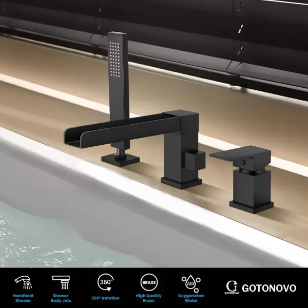 imagegotonovo Roman Tub Faucet with Handheld Shower 3 Hole Deck Mount Bathtub Faucet Set Widespread Single Handle Tub Filler Honeycomb Water Flow Matte BlackMatte Black