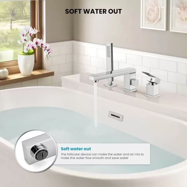 imagegotonovo Roman Tub Faucet with Handheld Shower 3 Hole Deck Mount Bathtub Faucet Set Widespread Single Handle Tub Filler Honeycomb Water Flow Matte BlackPolish Chrome