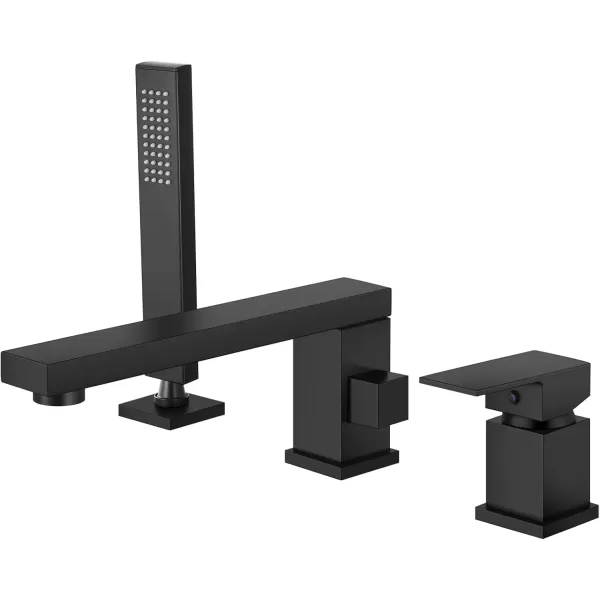 imagegotonovo Roman Tub Faucet with Handheld Shower 3 Hole Deck Mount Bathtub Faucet Set Widespread Single Handle Tub Filler Honeycomb Water Flow Matte BlackMatte Black