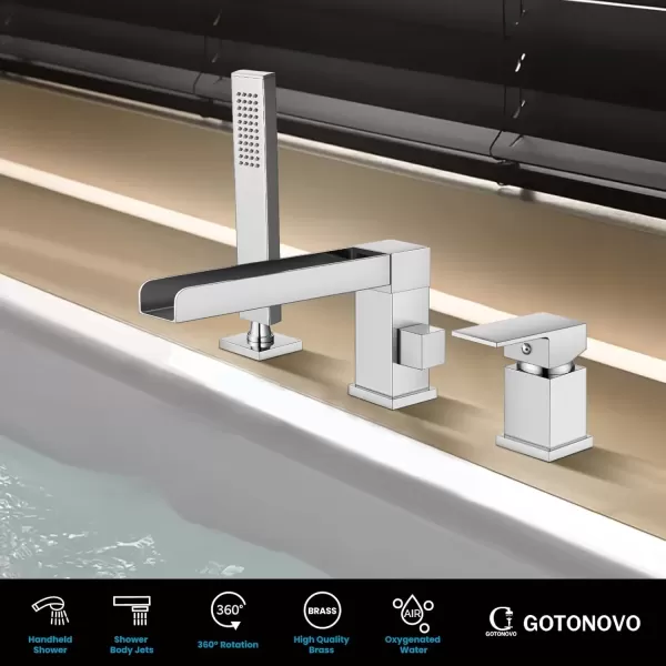 imagegotonovo Roman Tub Faucet with Handheld Shower 3 Hole Deck Mount Bathtub Faucet Set Widespread Single Handle Tub Filler Honeycomb Water Flow Matte BlackPolish Chrome