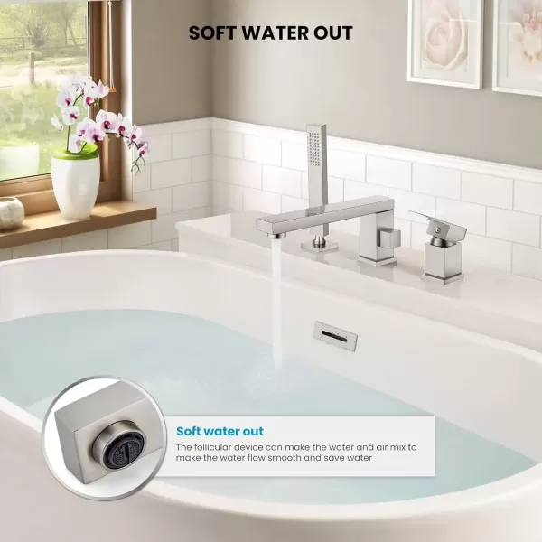 imagegotonovo Roman Tub Faucet with Handheld Shower 3 Hole Deck Mount Bathtub Faucet Set Widespread Single Handle Tub Filler Honeycomb Water Flow Matte BlackBrushed Nickel