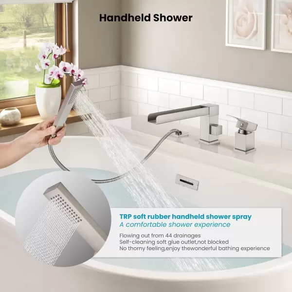 imagegotonovo Roman Tub Faucet with Handheld Shower 3 Hole Deck Mount Bathtub Faucet Set Widespread Single Handle Tub Filler Honeycomb Water Flow Matte BlackBrushed Nickel