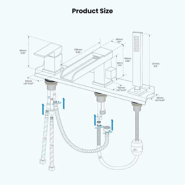 imagegotonovo Roman Tub Faucet with Handheld Shower 3 Hole Deck Mount Bathtub Faucet Set Widespread Single Handle Tub Filler Honeycomb Water Flow Matte BlackPolish Chrome