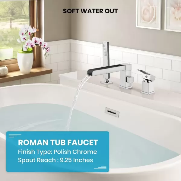 imagegotonovo Roman Tub Faucet with Handheld Shower 3 Hole Deck Mount Bathtub Faucet Set Widespread Single Handle Tub Filler Honeycomb Water Flow Matte BlackPolish Chrome