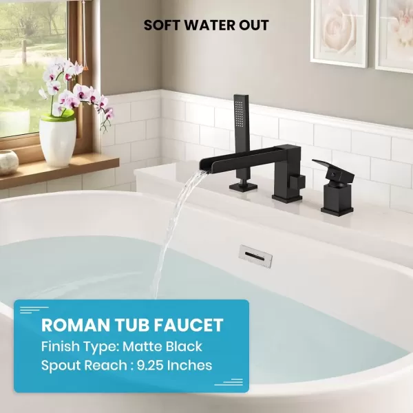 imagegotonovo Roman Tub Faucet with Handheld Shower 3 Hole Deck Mount Bathtub Faucet Set Widespread Single Handle Tub Filler Honeycomb Water Flow Matte BlackMatte Black