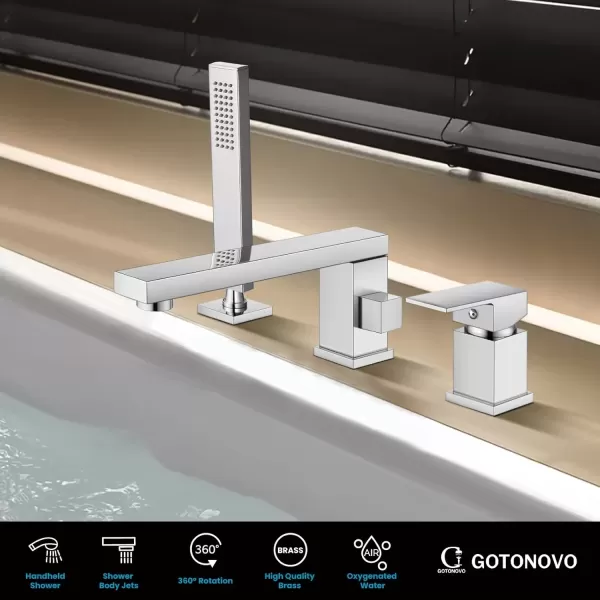 imagegotonovo Roman Tub Faucet with Handheld Shower 3 Hole Deck Mount Bathtub Faucet Set Widespread Single Handle Tub Filler Honeycomb Water Flow Matte BlackPolish Chrome