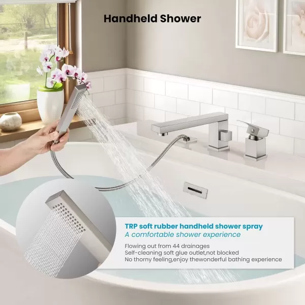 imagegotonovo Roman Tub Faucet with Handheld Shower 3 Hole Deck Mount Bathtub Faucet Set Widespread Single Handle Tub Filler Honeycomb Water Flow Matte BlackBrushed Nickel
