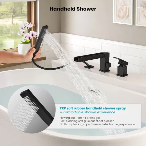 imagegotonovo Roman Tub Faucet with Handheld Shower 3 Hole Deck Mount Bathtub Faucet Set Widespread Single Handle Tub Filler Honeycomb Water Flow Matte BlackMatte Black