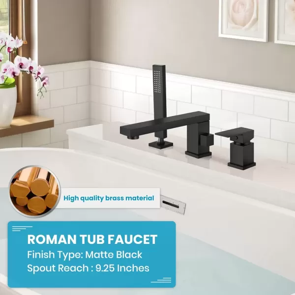 imagegotonovo Roman Tub Faucet with Handheld Shower 3 Hole Deck Mount Bathtub Faucet Set Widespread Single Handle Tub Filler Honeycomb Water Flow Matte BlackMatte Black