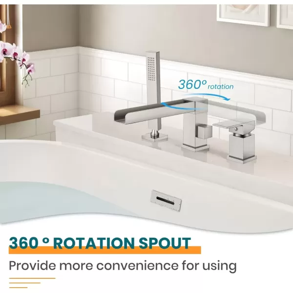 imagegotonovo Roman Tub Faucet with Handheld Shower 3 Hole Deck Mount Bathtub Faucet Set Widespread Single Handle Tub Filler Honeycomb Water Flow Matte BlackBrushed Nickel