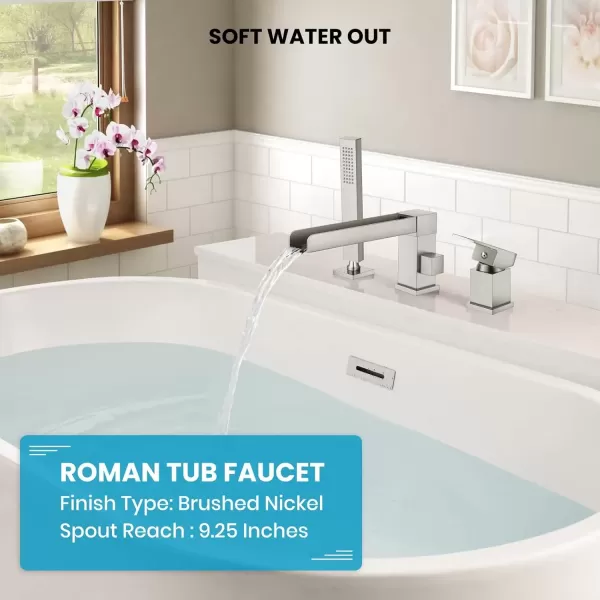 imagegotonovo Roman Tub Faucet with Handheld Shower 3 Hole Deck Mount Bathtub Faucet Set Widespread Single Handle Tub Filler Honeycomb Water Flow Matte BlackBrushed Nickel