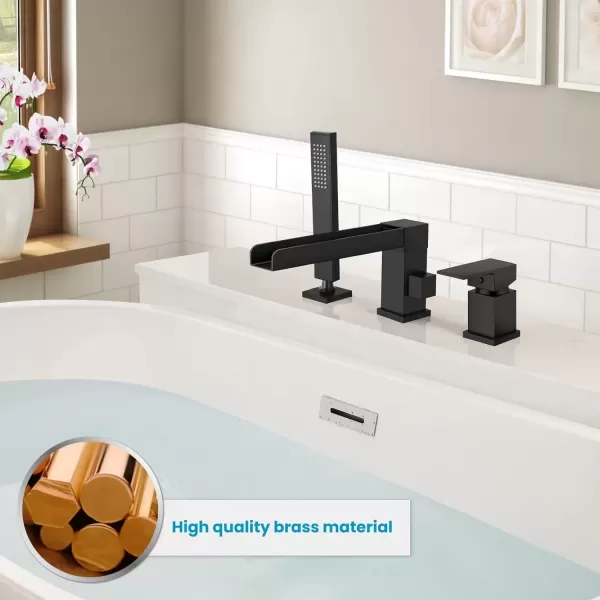 imagegotonovo Roman Tub Faucet with Handheld Shower 3 Hole Deck Mount Bathtub Faucet Set Widespread Single Handle Tub Filler Honeycomb Water Flow Matte BlackMatte Black