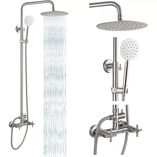 imagegotonovo SUS304 Outdoor Shower Fixture High Pressure Shower System Combo Wall Mount 2 Dual Function Shower Faucet Set Round Handheld Spray Brushed Nickel Single HandleBrushed Nickel
