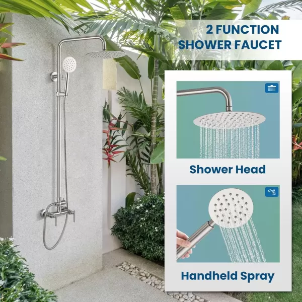 imagegotonovo SUS304 Outdoor Shower Fixture High Pressure Shower System Combo Wall Mount 2 Dual Function Shower Faucet Set Round Handheld Spray Brushed Nickel Single HandleBrushed Nickel