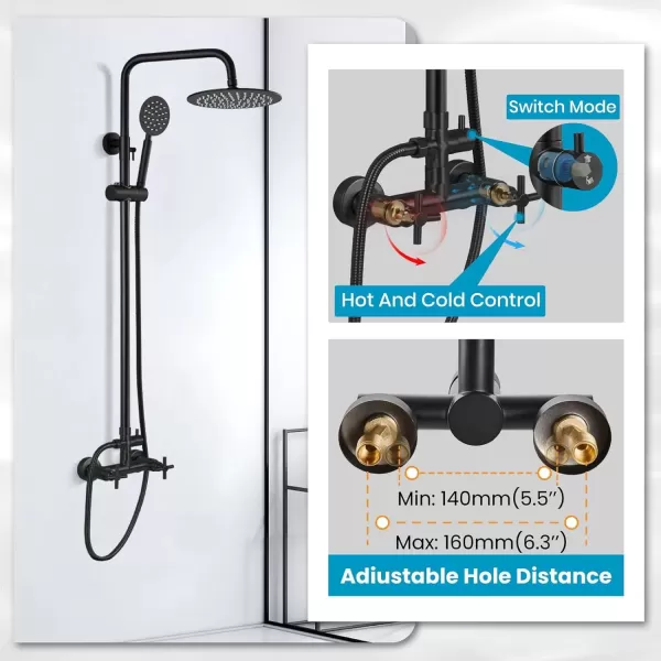 imagegotonovo SUS304 Outdoor Shower Fixture High Pressure Shower System Combo Wall Mount 2 Dual Function Shower Faucet Set Round Handheld Spray Brushed Nickel Single HandleMatte Black