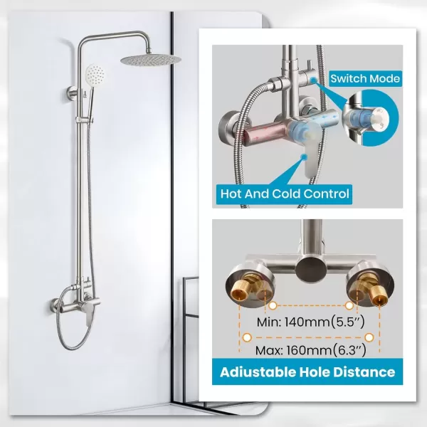 imagegotonovo SUS304 Outdoor Shower Fixture High Pressure Shower System Combo Wall Mount 2 Dual Function Shower Faucet Set Round Handheld Spray Brushed Nickel Single HandleBrushed Nickel