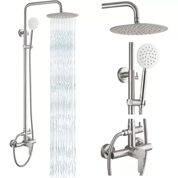 imagegotonovo SUS304 Outdoor Shower Fixture High Pressure Shower System Combo Wall Mount 2 Dual Function Shower Faucet Set Round Handheld Spray Brushed Nickel Single HandleBrushed Nickel