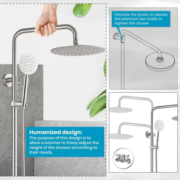 imagegotonovo SUS304 Outdoor Shower Fixture High Pressure Shower System Combo Wall Mount 2 Dual Function Shower Faucet Set Round Handheld Spray Brushed Nickel Single HandleBrushed Nickel