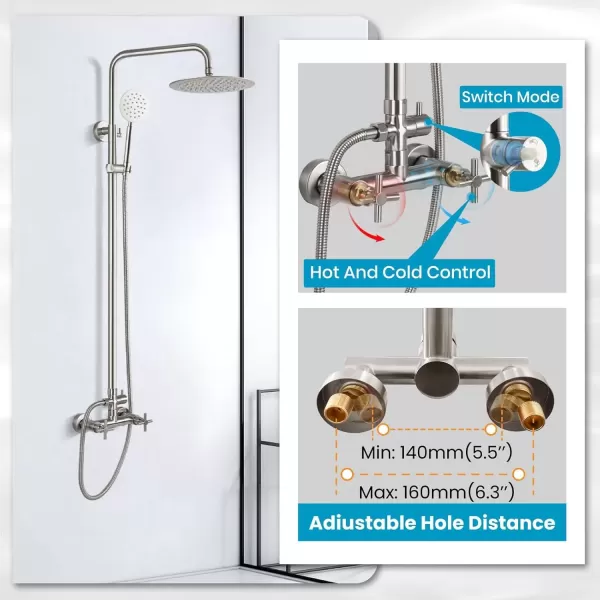 imagegotonovo SUS304 Outdoor Shower Fixture High Pressure Shower System Combo Wall Mount 2 Dual Function Shower Faucet Set Round Handheld Spray Brushed Nickel Single HandleBrushed Nickel