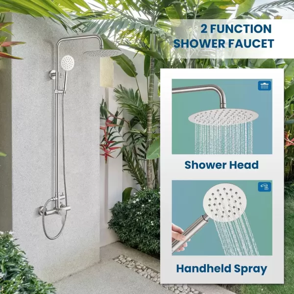 imagegotonovo SUS304 Outdoor Shower Fixture High Pressure Shower System Combo Wall Mount 2 Dual Function Shower Faucet Set Round Handheld Spray Brushed Nickel Single HandleBrushed Nickel