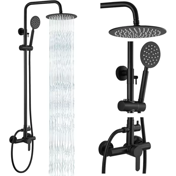 imagegotonovo SUS304 Outdoor Shower Fixture High Pressure Shower System Combo Wall Mount 2 Dual Function Shower Faucet Set Round Handheld Spray Brushed Nickel Single HandleMatte Black