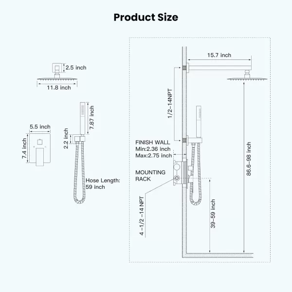 imagegotonovo Shower Faucet Set Matte Black 12 Inch Square Showerhead Wall Mount Bathroom Rainfall Shower System Shower Trim Kit 2 in 1 Cylindrical Handheld shower with Roughin ValveBrushed Nickel