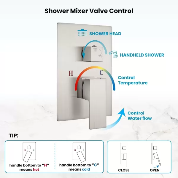 imagegotonovo Shower Faucet Set Matte Black 12 Inch Square Showerhead Wall Mount Bathroom Rainfall Shower System Shower Trim Kit 2 in 1 Cylindrical Handheld shower with Roughin ValveBrushed Nickel